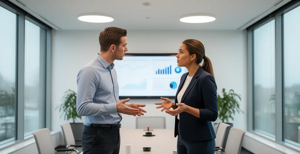 Deux professionnels RH debout regardant un écran de présentation avec graphiques