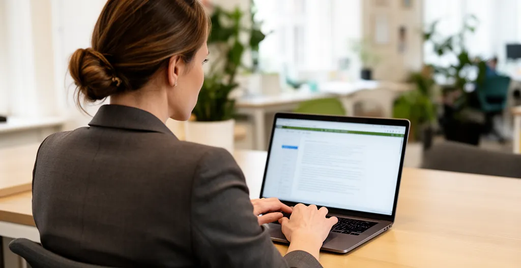 Professionnelle travaillant sur ordinateur portable dans un espace de coworking lumineux