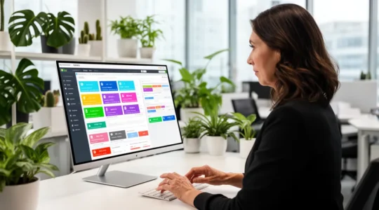 Responsable RH consultant un tableau de bord formation sur écran d'ordinateur dans un bureau moderne