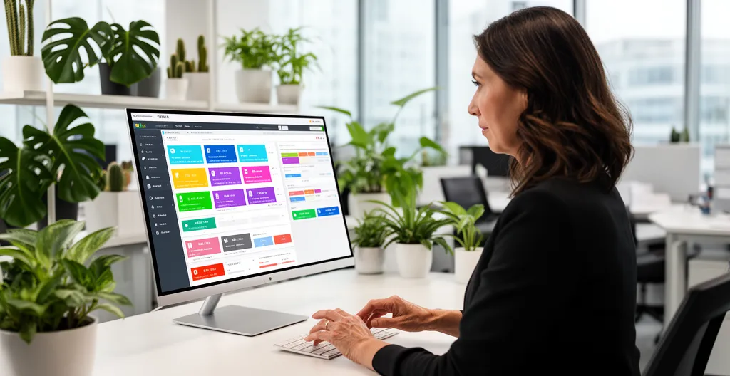 Responsable RH consultant un tableau de bord formation sur écran d'ordinateur dans un bureau moderne