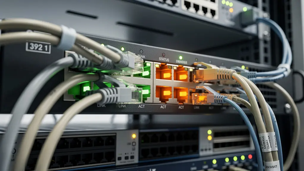 Boîtier firewall matériel installé dans une baie serveur avec voyants lumineux actifs