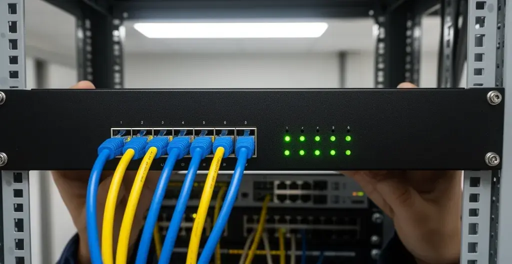 Boîtier pare-feu matériel installé dans baie réseau avec câbles Ethernet et LEDs allumées