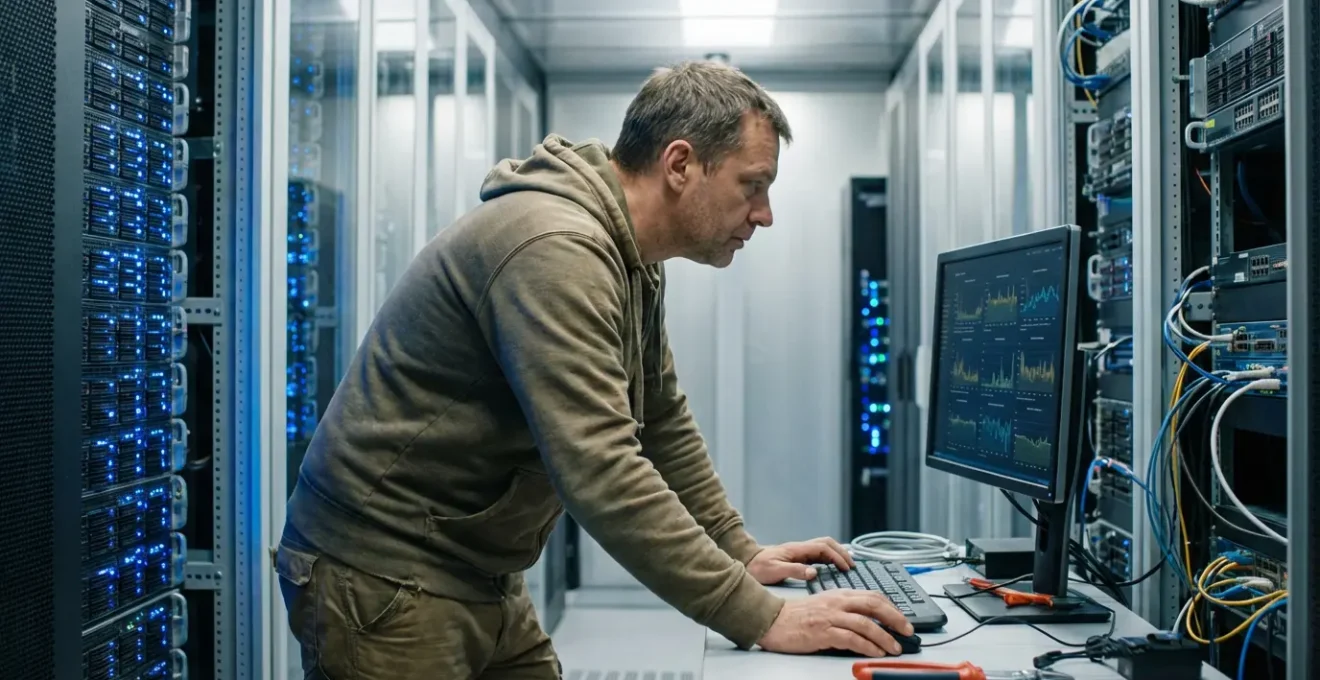 Technicien informatique consultant écran monitoring dans salle serveur moderne avec baies équipements