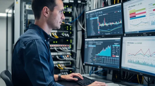 Technicien cybersécurité consultant un écran de supervision réseau firewall dans une salle serveur moderne