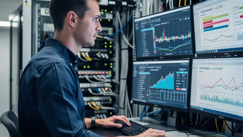 Technicien cybersécurité consultant un écran de supervision réseau firewall dans une salle serveur moderne