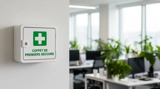 Coffret de premiers secours fixé au mur dans un espace de travail moderne