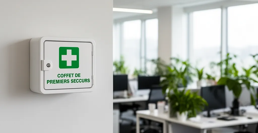 Coffret de premiers secours fixé au mur dans un espace de travail moderne
