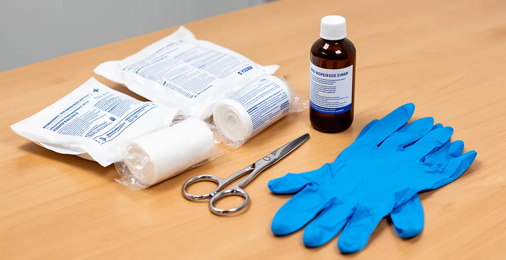 Contenu d'une trousse de secours professionnelle disposé sur une table