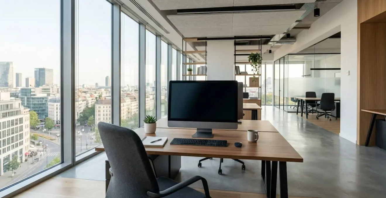 Bureau contemporain vide et lumineux avec un écran d'ordinateur éteint, grandes fenêtres laissant entrer la lumière naturelle, lignes épurées et minimalistes