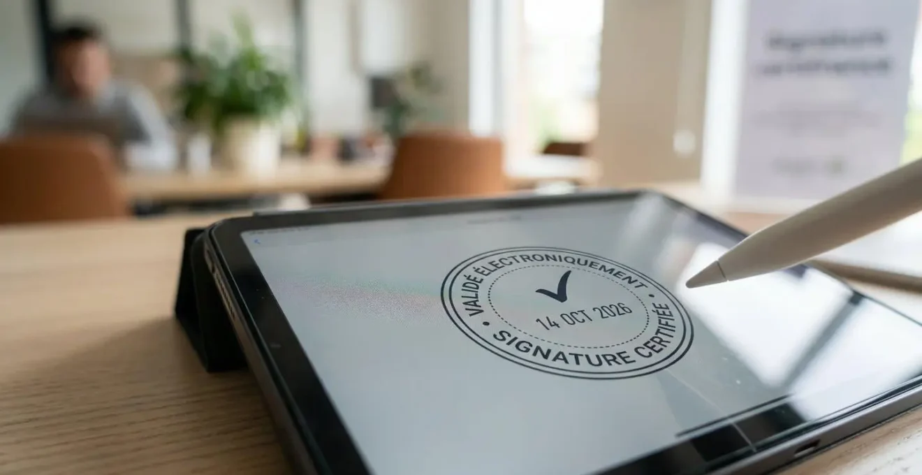 Gros plan sur un écran d'ordinateur moderne affichant une interface de validation de signature électronique, avec des éléments visuels de certification visibles en arrière-plan flouté