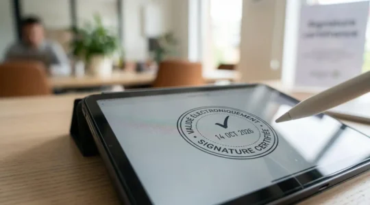Gros plan sur un écran d'ordinateur moderne affichant une interface de validation de signature électronique, avec des éléments visuels de certification visibles en arrière-plan flouté