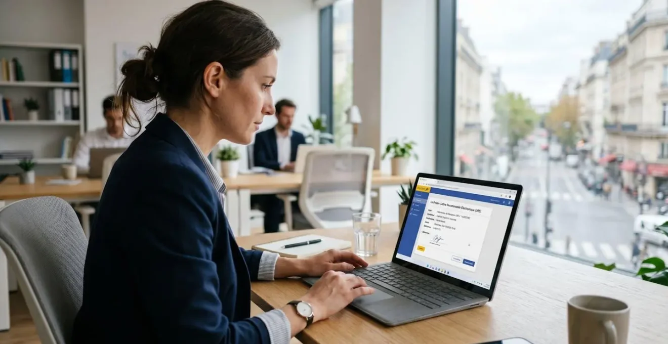 Vue par-dessus l'épaule d'un professionnel concentré consultant un document de recommandé électronique sur une tablette moderne dans un bureau lumineux