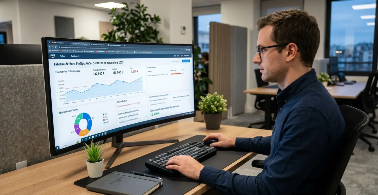 Analyste FinOps devant écran ultra-wide affichant un tableau de bord de monitoring des coûts AWS en temps réel avec graphiques d'évolution des dépenses et alertes budgétaires en français