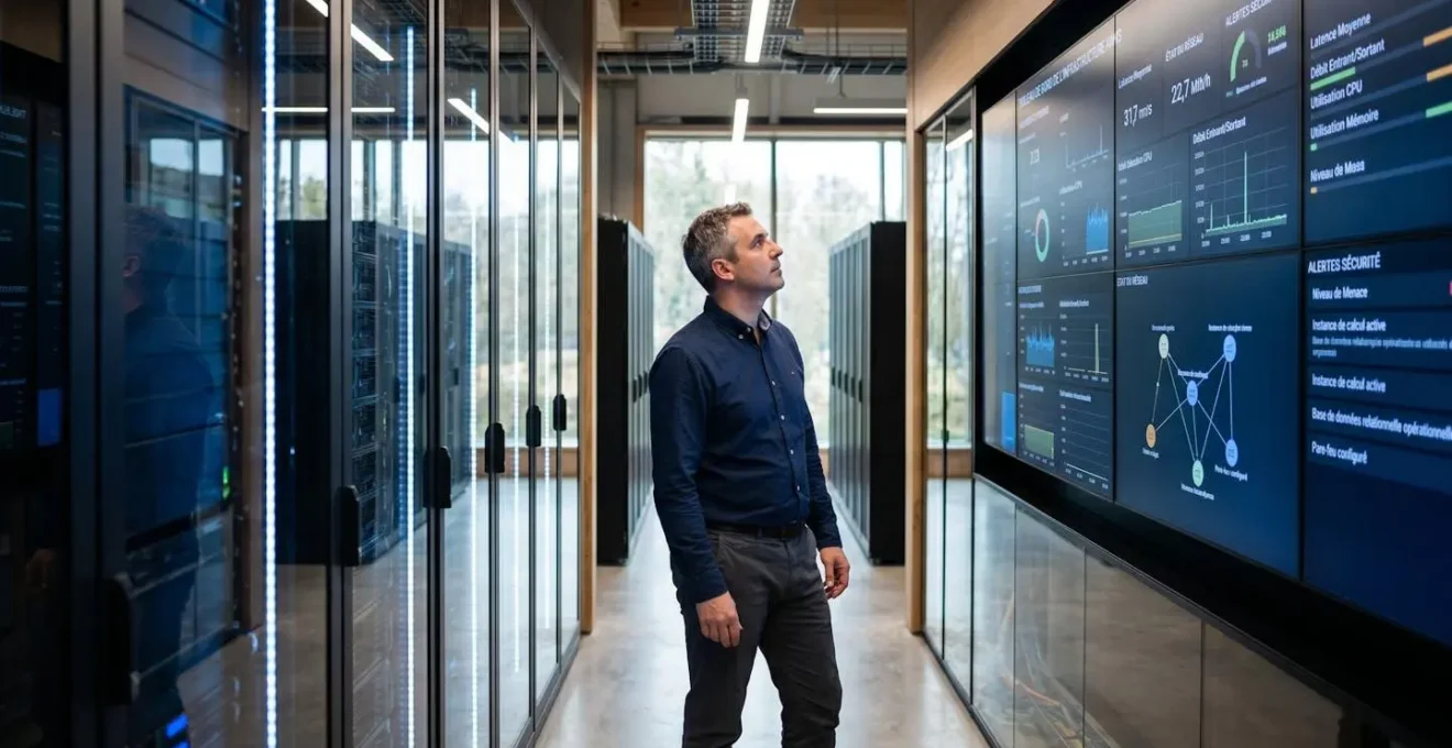 Architecte cloud dans un data center moderne français, observant des écrans muraux affichant des tableaux de bord de monitoring d'infrastructure AWS avec métriques de performance et topologie réseau