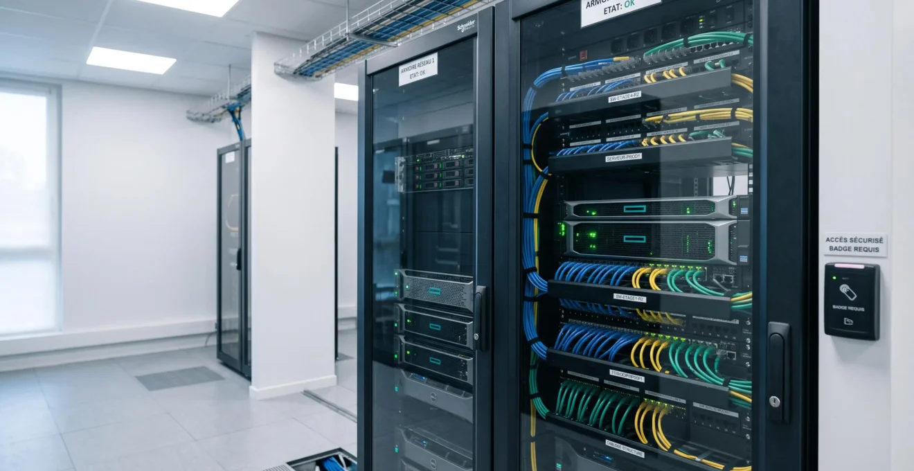 Baie de serveur sécurisée dans un local technique PME français, avec voyants LED de surveillance actifs, badge de contrôle d'accès et câblage structuré
