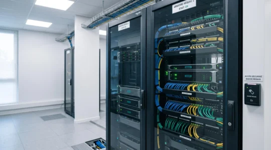 Baie de serveur sécurisée dans un local technique PME français, avec voyants LED de surveillance actifs, badge de contrôle d'accès et câblage structuré