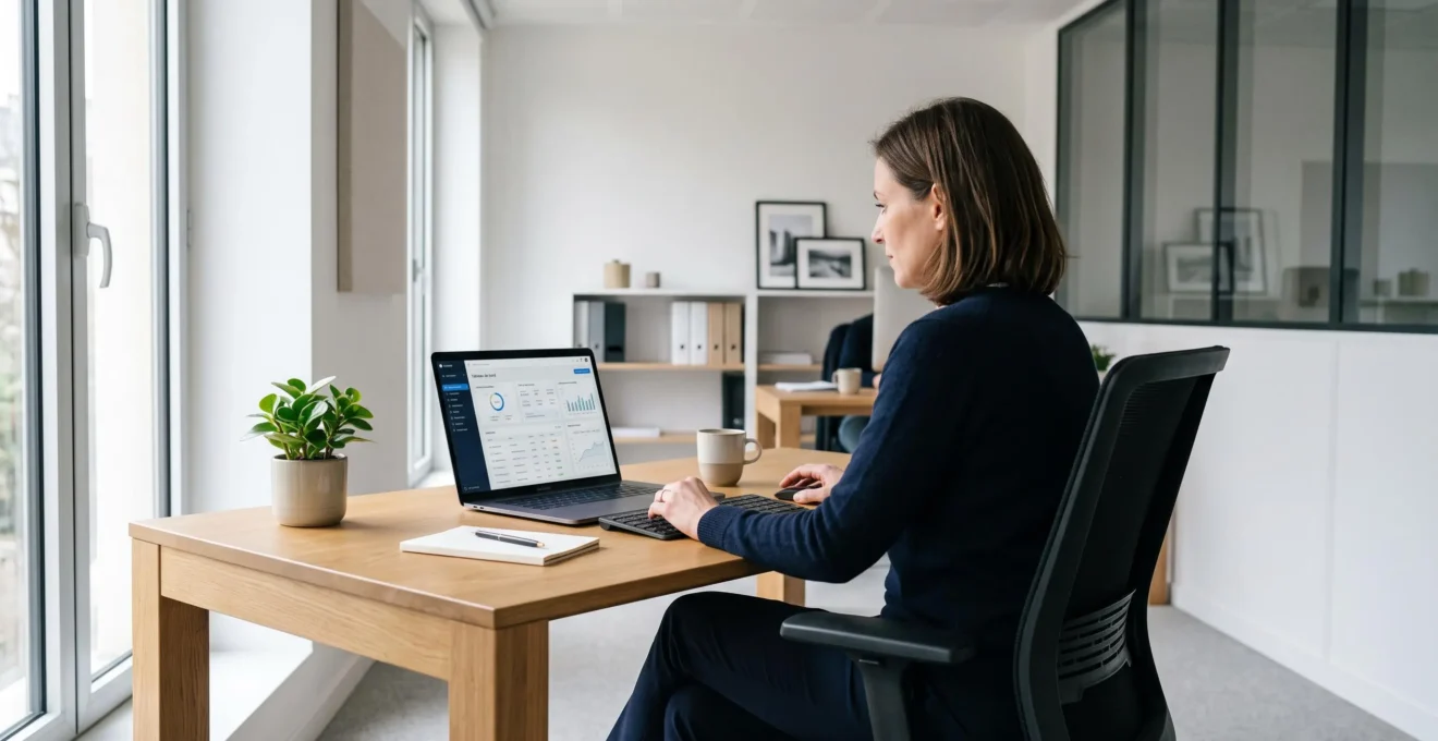 Dirigeante de PME consultant un tableau de bord de gestion de données sur son ordinateur portable dans un bureau contemporain