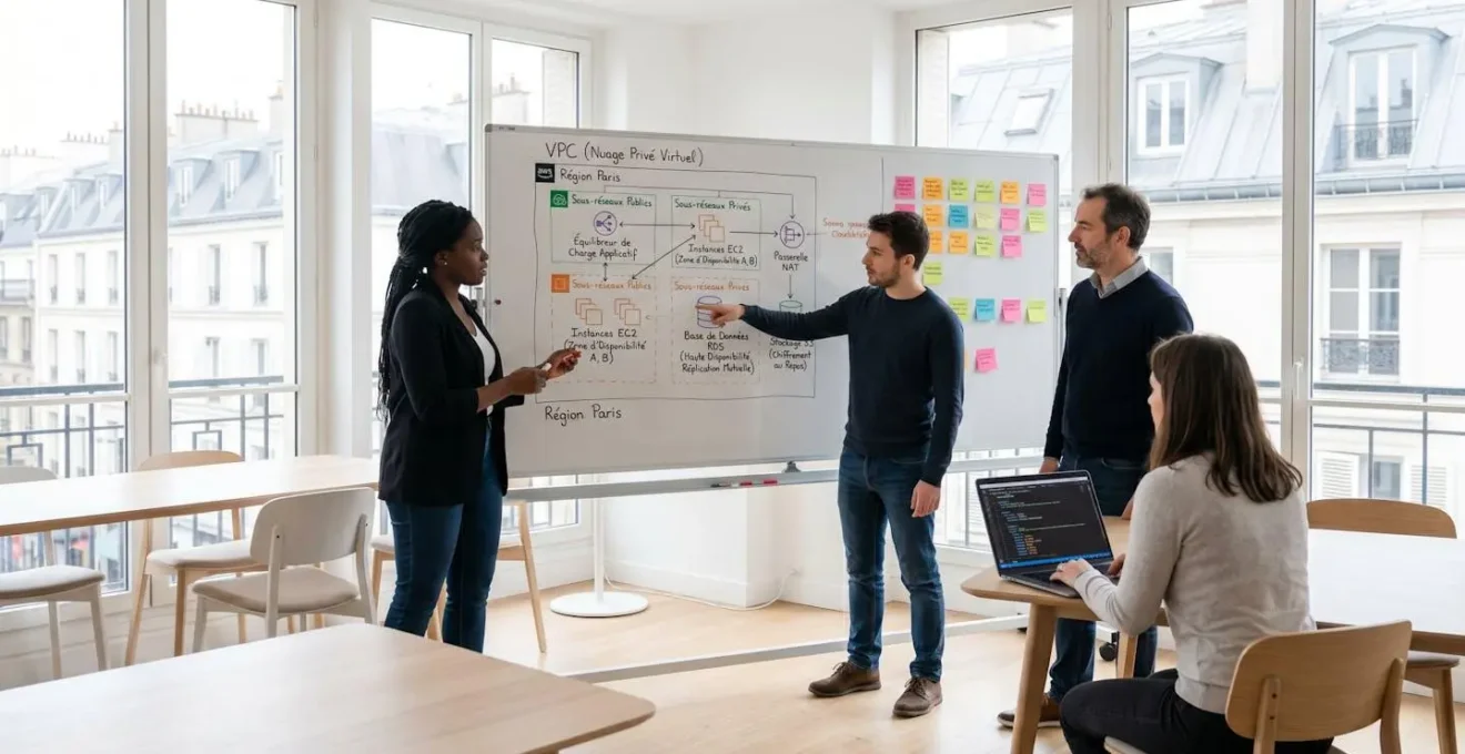 Équipe technique multiculturelle collaborant autour d'une table de réunion moderne, travaillant sur des diagrammes d'architecture cloud AWS dessinés sur tableau blanc avec annotations en français