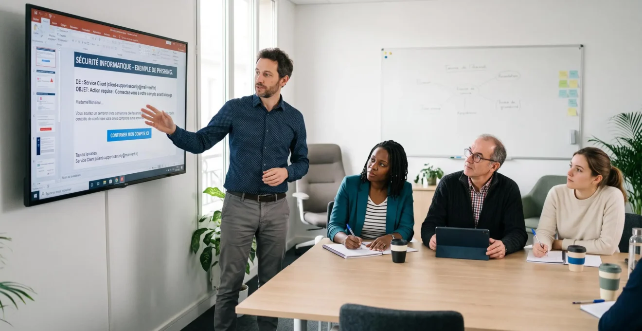 Session de formation cybersécurité dans une PME française : formateur présentant des exemples de phishing à des collaborateurs attentifs