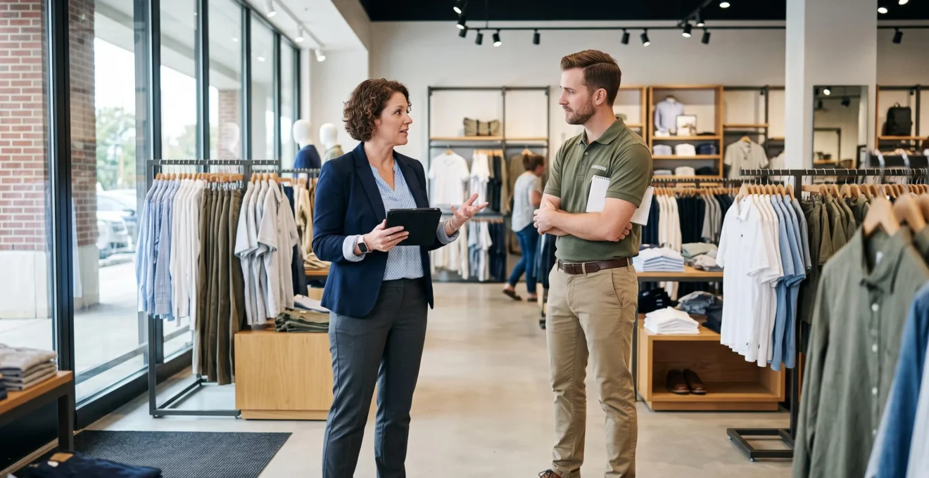 Regional HR coordinator visiting a franchise retail store and discussing with the local store manager inside the sales area
