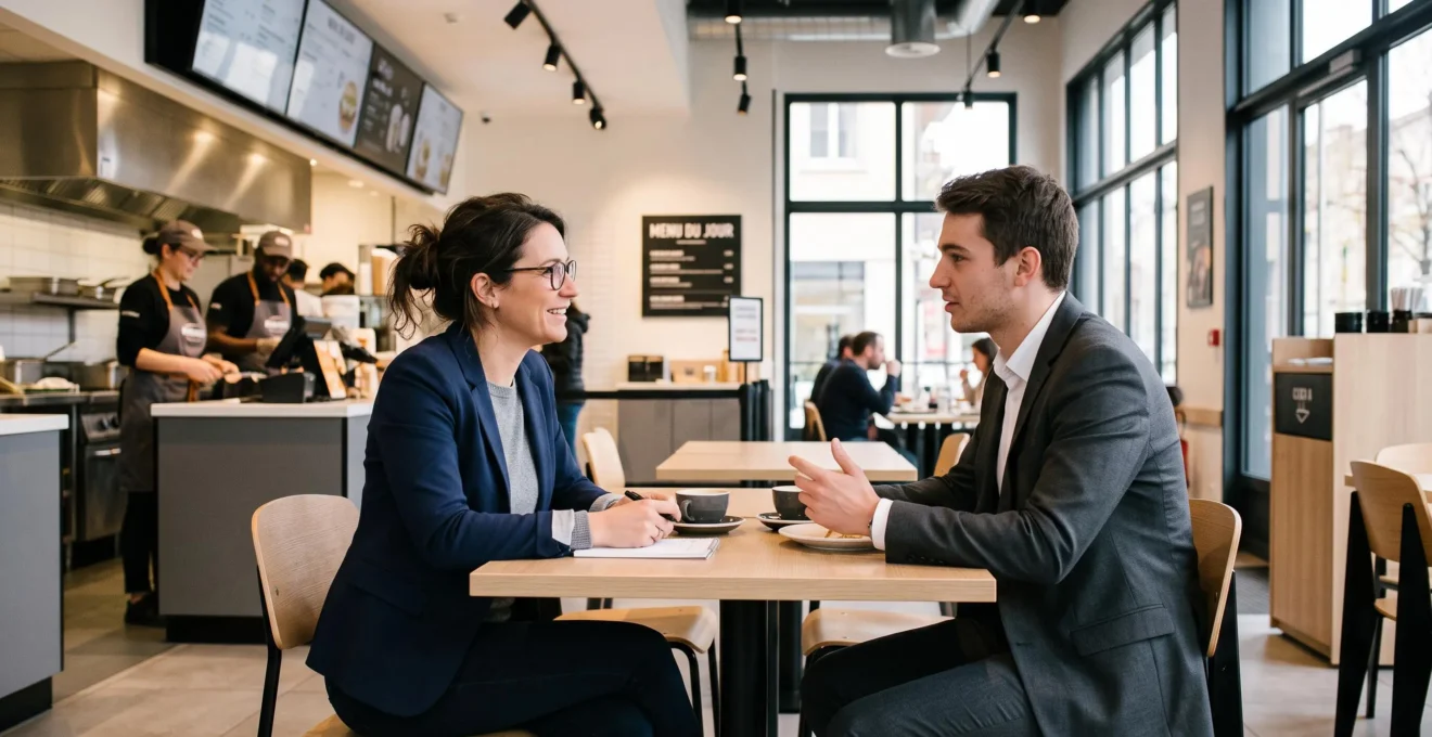 Franchise manager conducting a job interview with a candidate inside a quick-service restaurant dining area