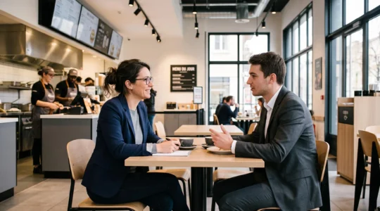 Franchise manager conducting a job interview with a candidate inside a quick-service restaurant dining area