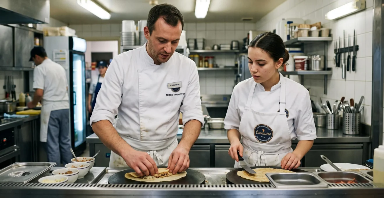 Experienced trainer demonstrating food preparation technique to a newly hired employee in a professional restaurant kitchen