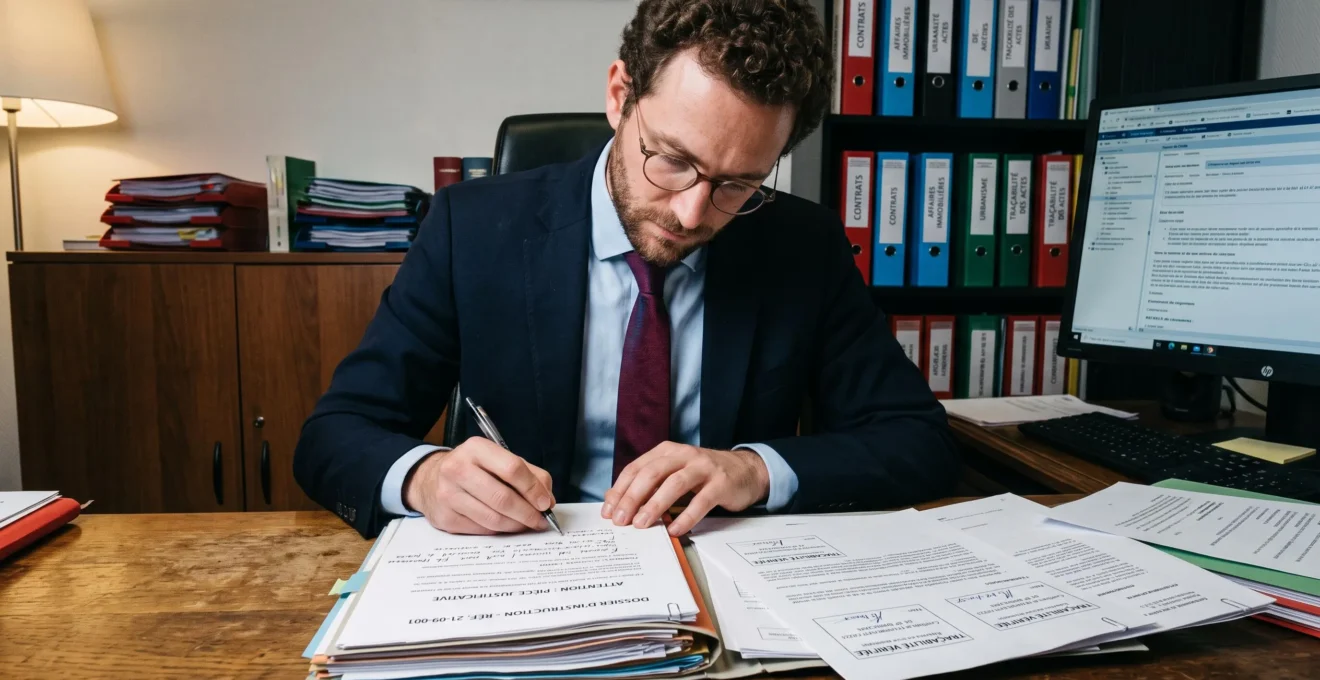 Professionnelle préparant un envoi recommandé électronique dans un bureau administratif, consultant un document officiel tout en utilisant son ordinateur