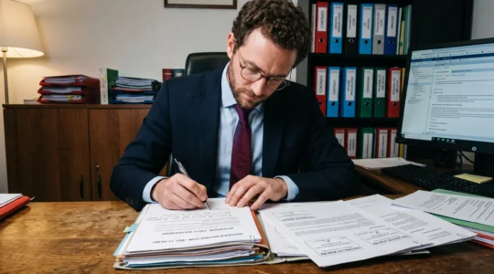Professionnelle préparant un envoi recommandé électronique dans un bureau administratif, consultant un document officiel tout en utilisant son ordinateur