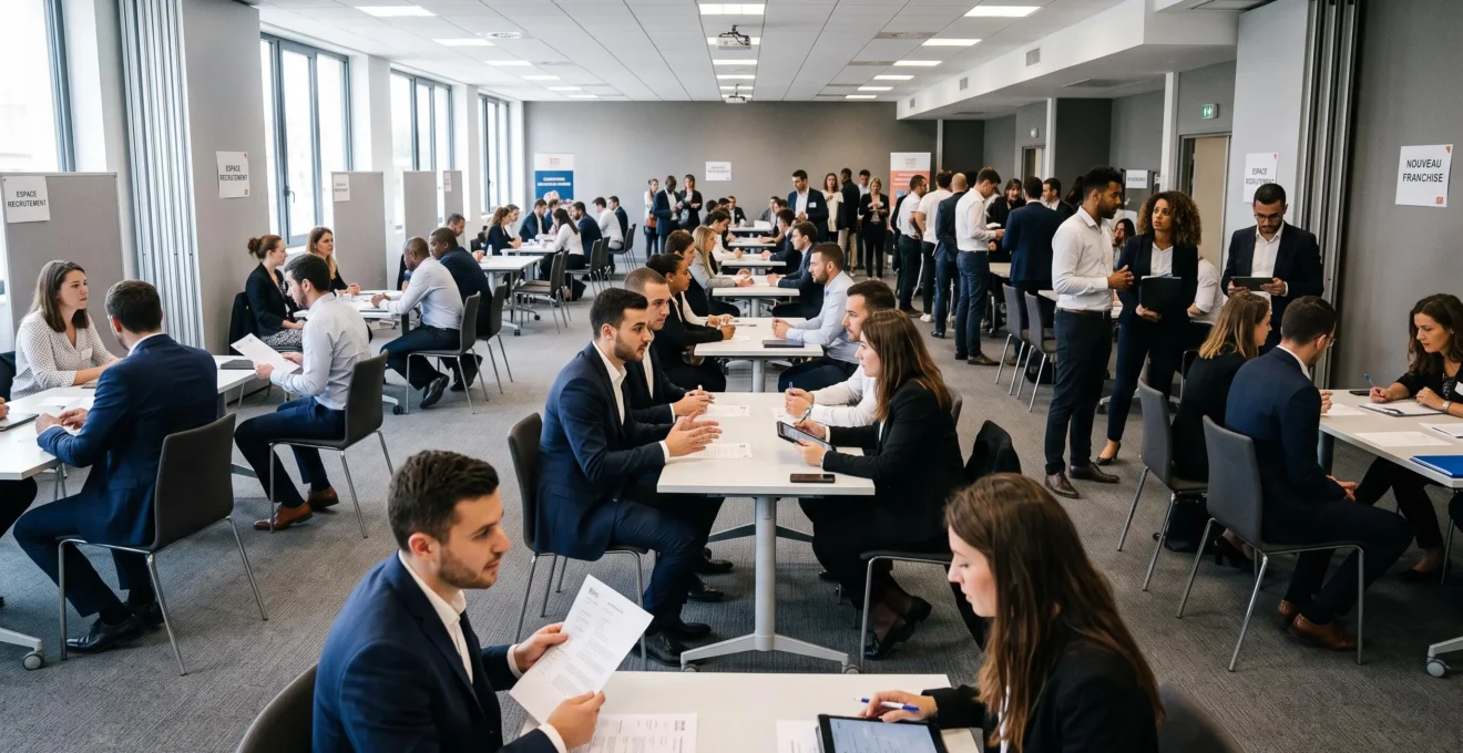 Collective job recruitment session with multiple candidates and recruiters conducting simultaneous interviews in a multipurpose room for a franchise opening