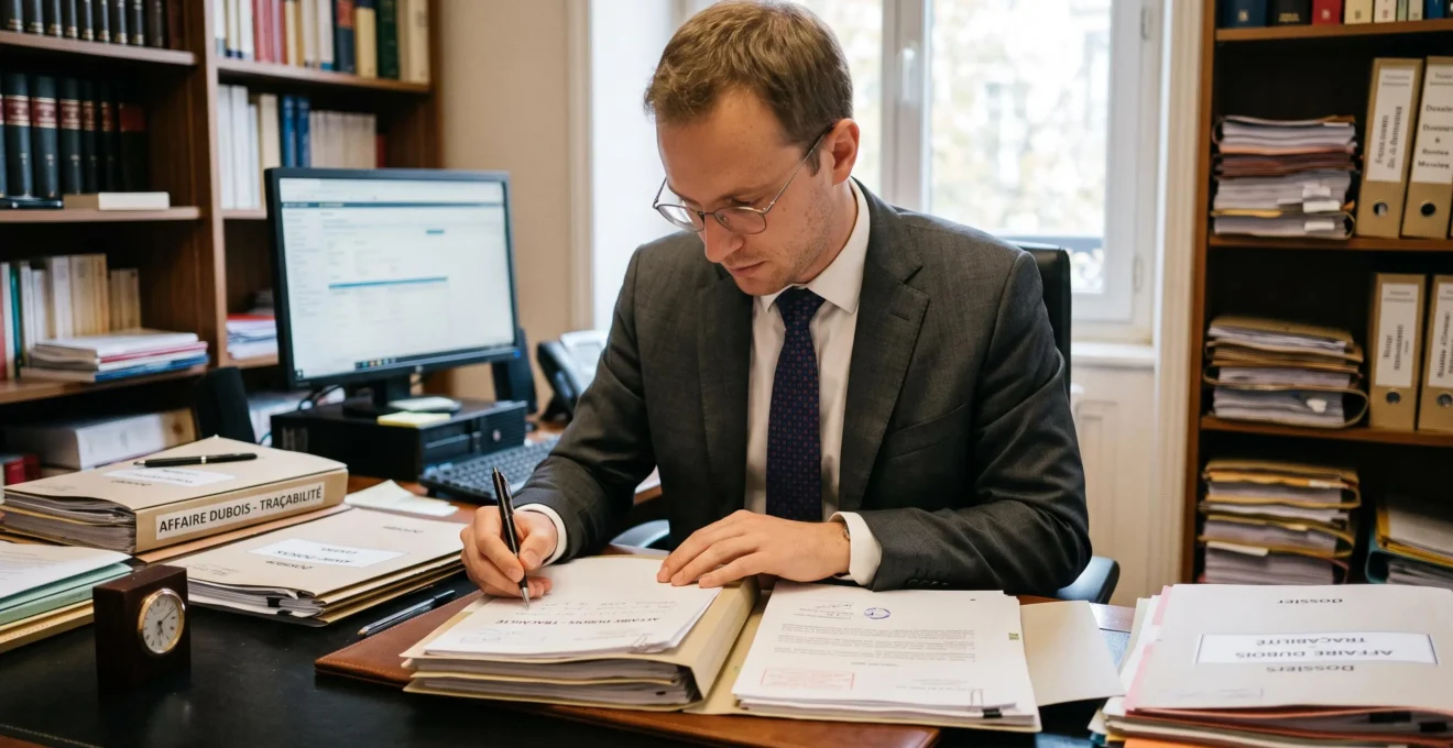 Juriste consultant et vérifiant des documents de traçabilité dans un dossier juridique, penché sur son bureau de travail