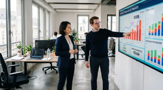 Un analyste et un dirigeant examinent des tableaux de bord de données sur un écran de bureau.
