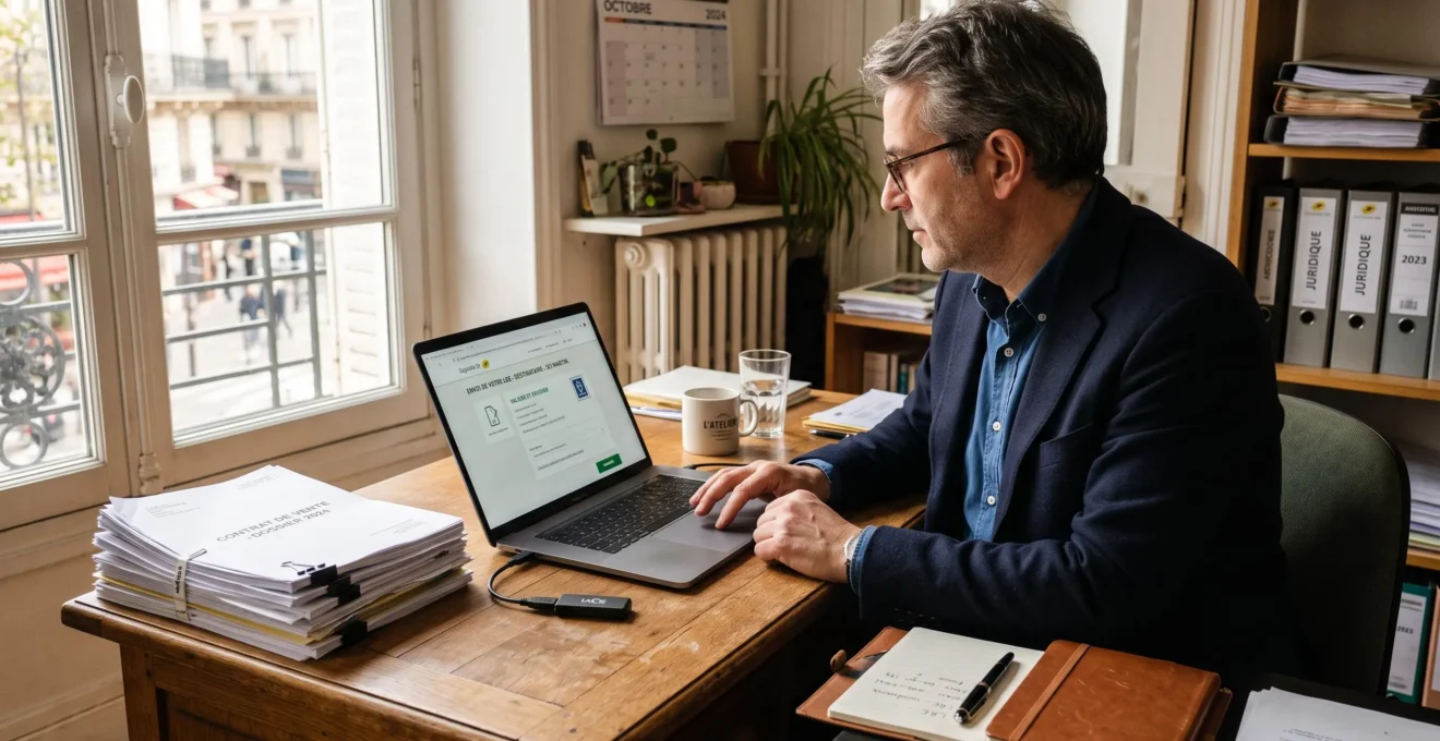 Un professionnel prépare l'envoi d'une lettre recommandée électronique avec ses documents volumineux.