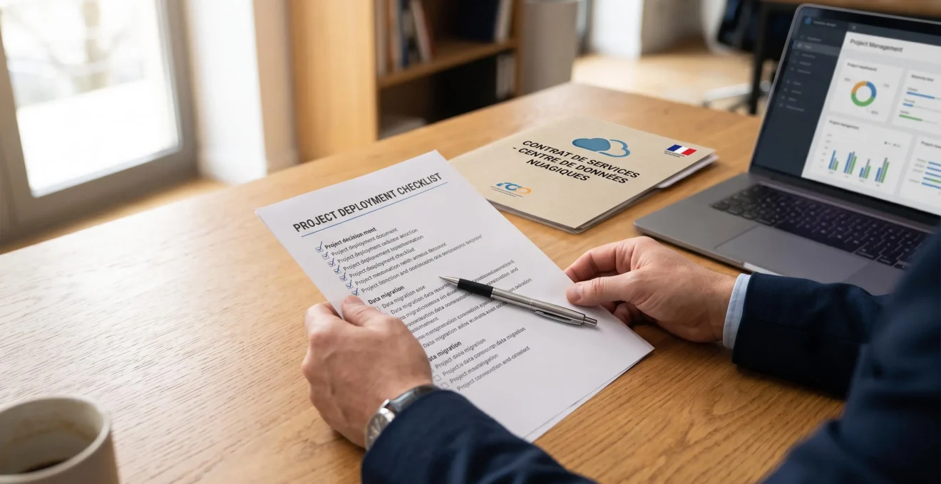 Des mains examinent une grille de critères imprimée posée sur un bureau.