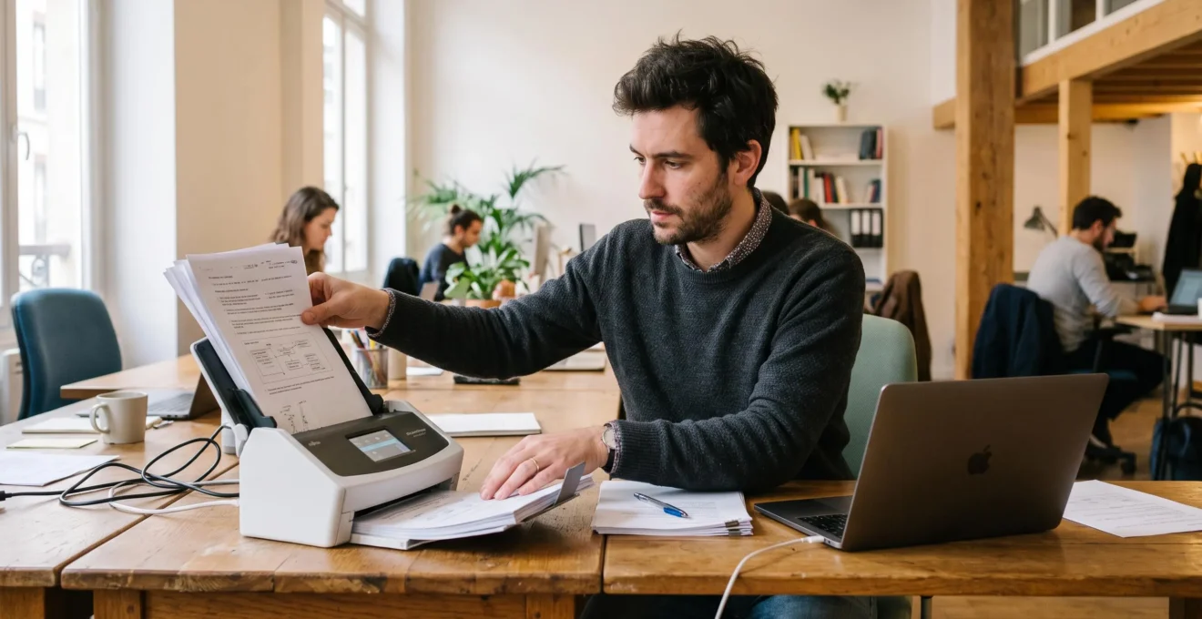 Un homme numérise des documents papier avec un scanner de bureau.