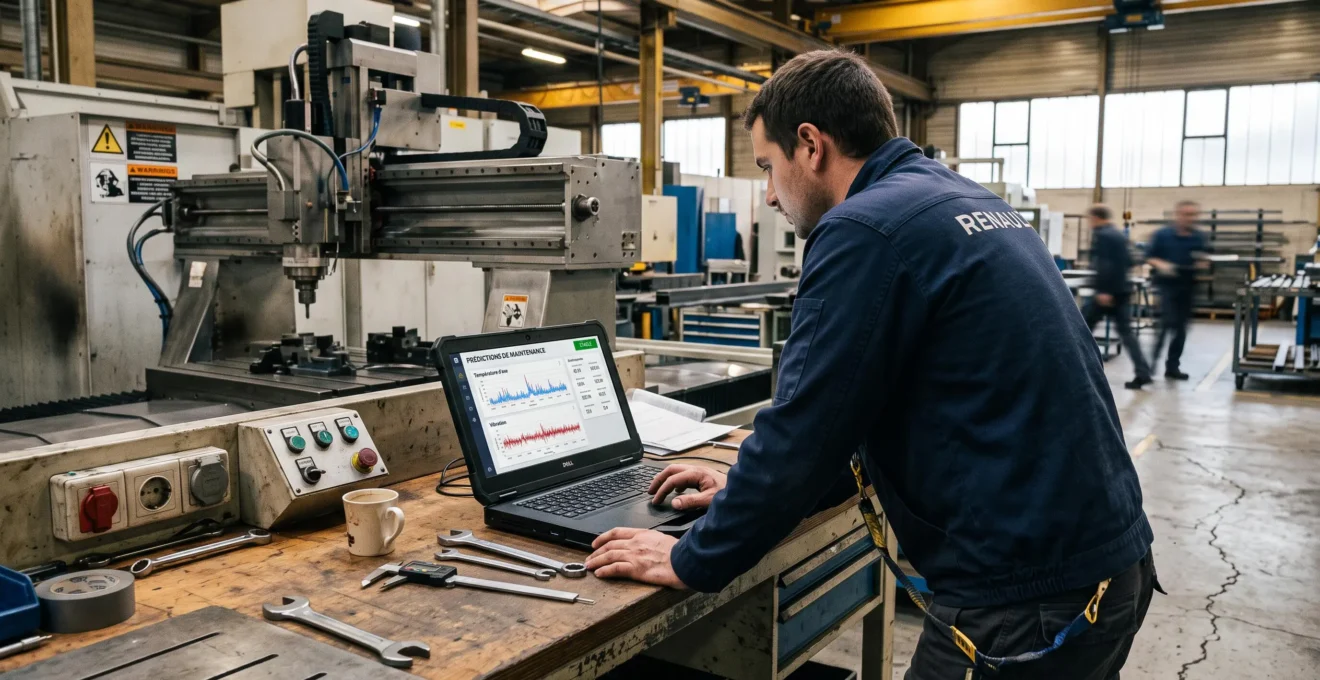 Un opérateur consulte un modèle de prédiction sur ordinateur portable près d'une machine d'atelier.