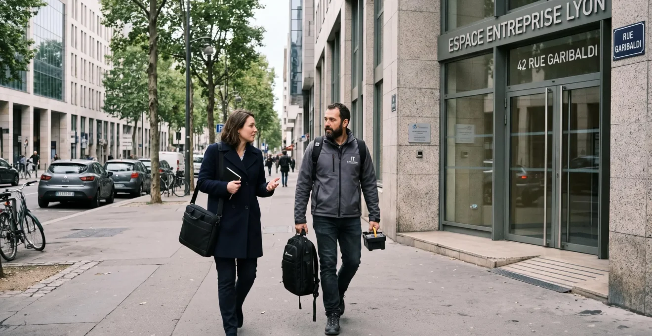 Un responsable projet et un technicien marchent ensemble vers un immeuble de bureaux.